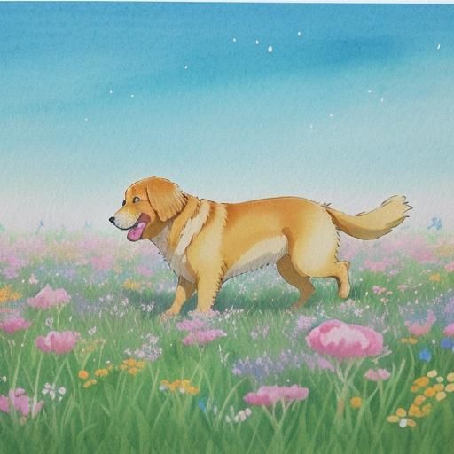 Golden Retriever in Anime Style Flower Field