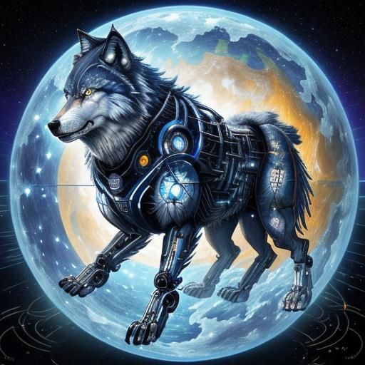Cyborg Wolf Weaving Planet Constellations
