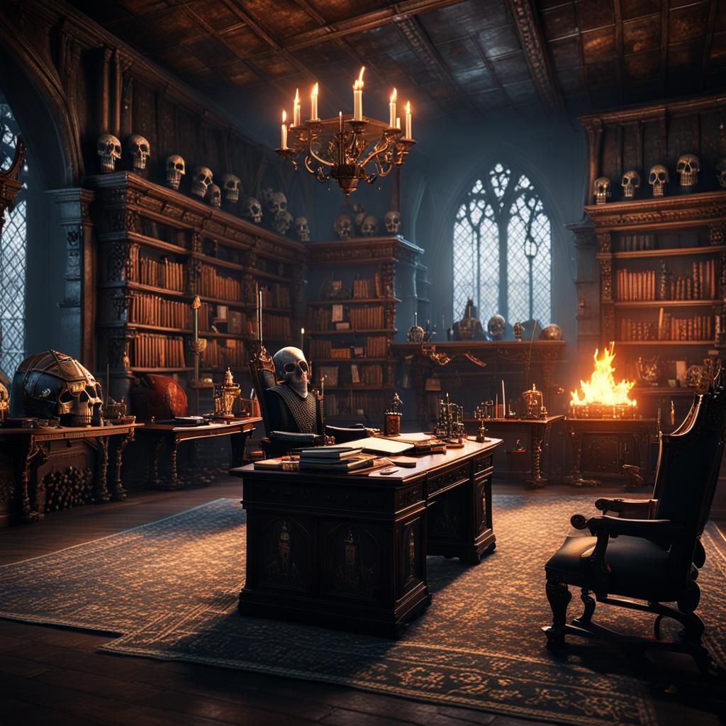 Gothic Castle Office with Skulls, 3D Render