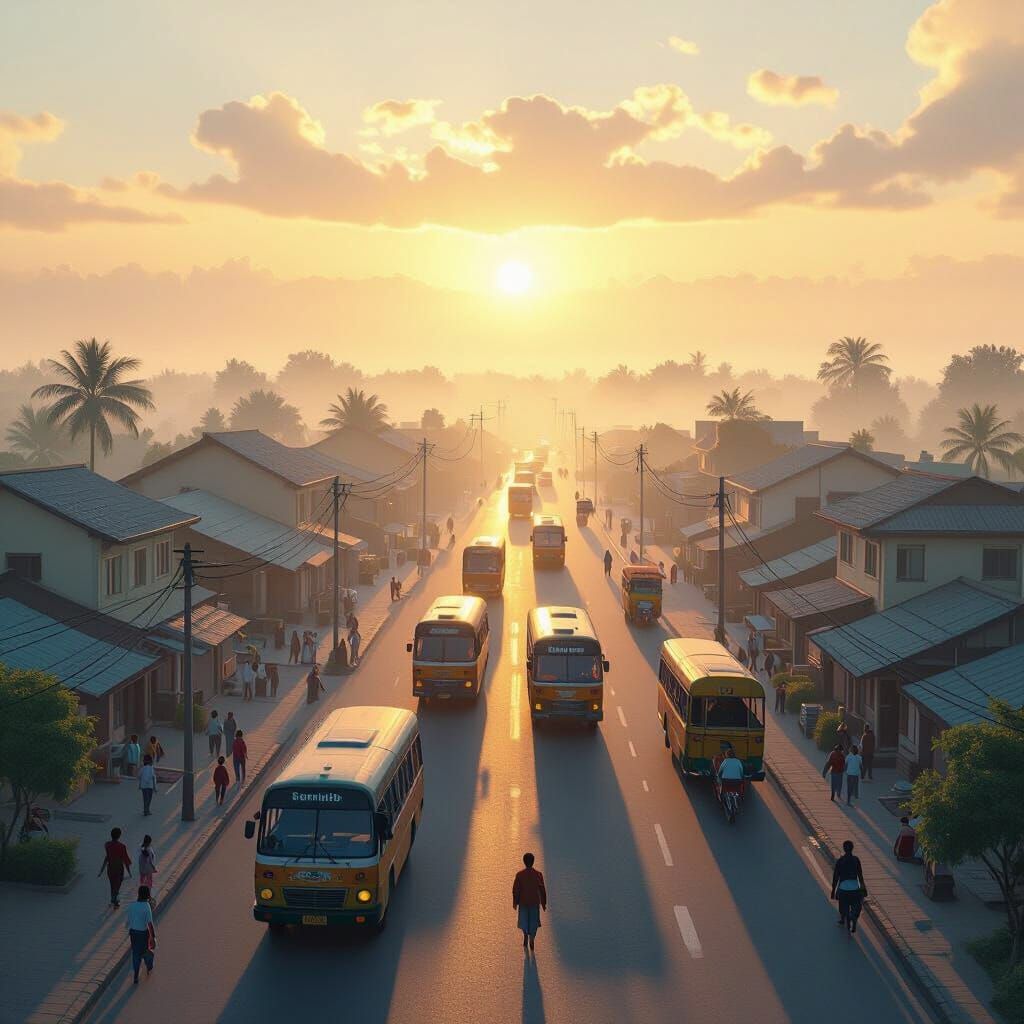 Satkhira Town Morning Mist Golden Sunlight Realistic Cartoon...