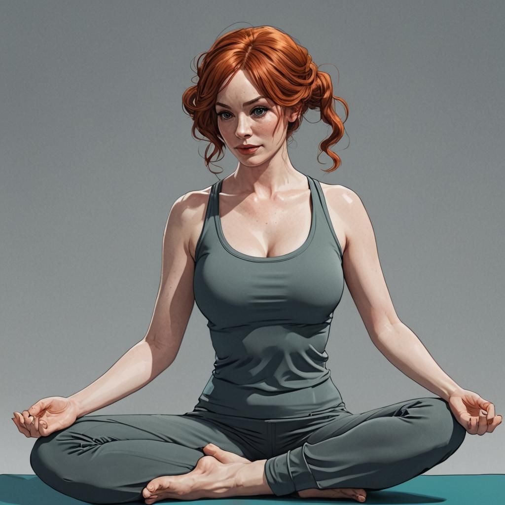 Christina Hendricks Doing Yoga in Anime Style