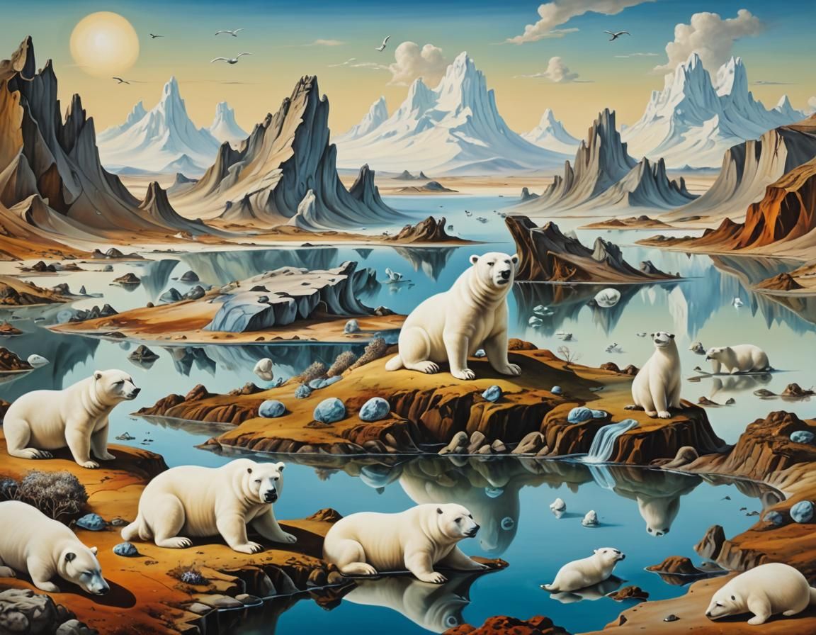 Surreal Greenland Landscape with Melting Animals, Dali Style