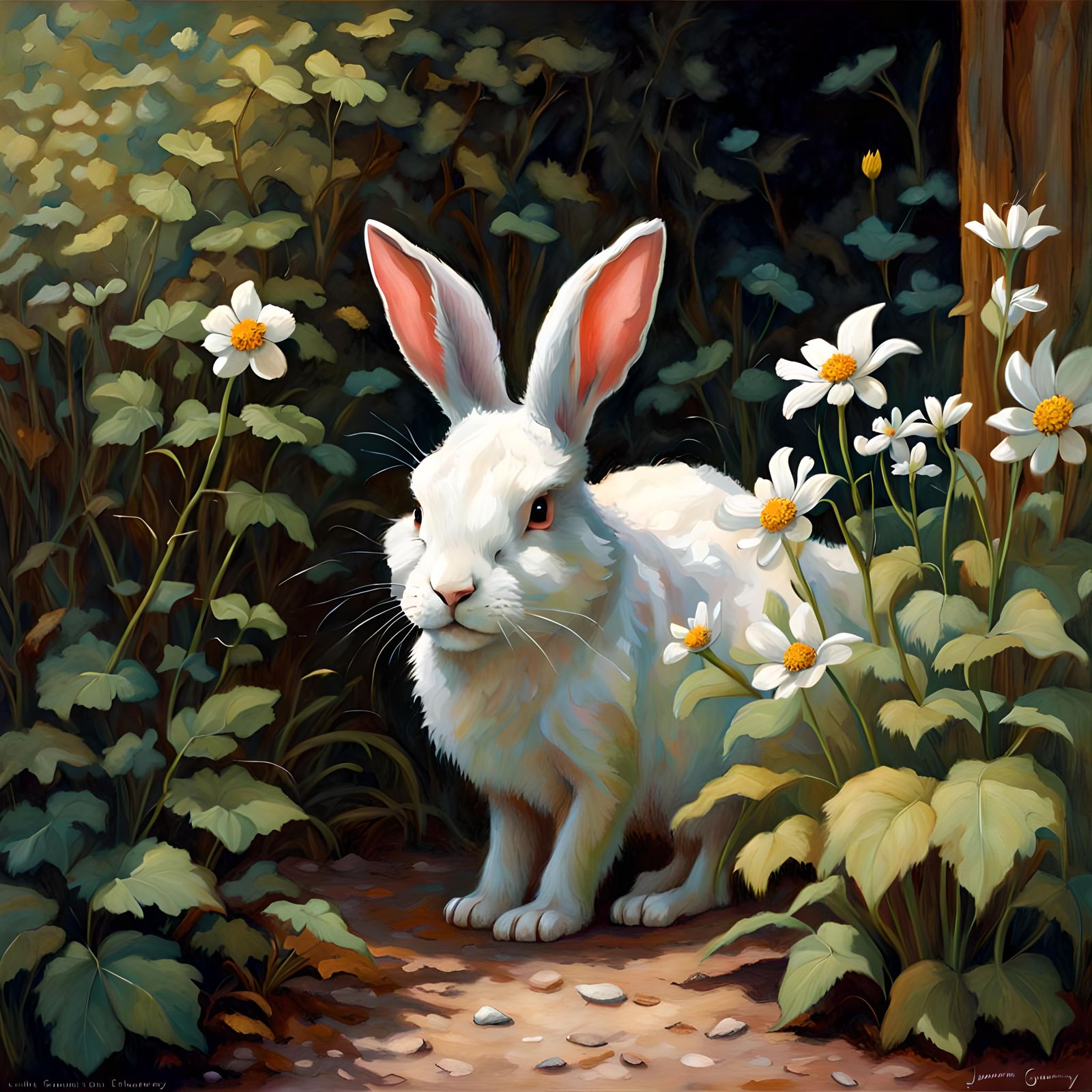 Enigmatic garden tales, flowers,  hiding wild bunny,  art reference James Gurney