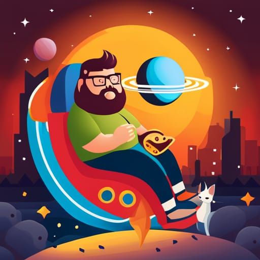 fat hipster in a rocket chair takes his cat to taco planet with saturn in the background