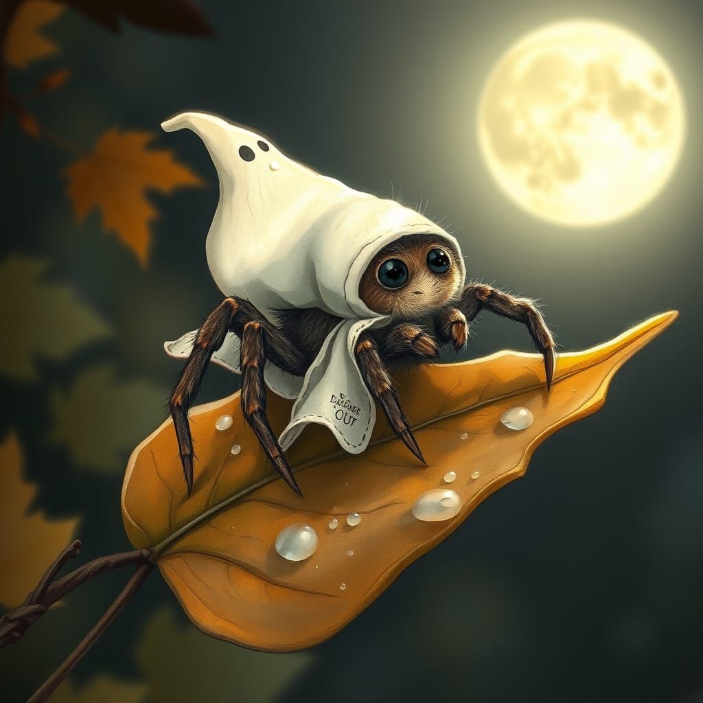 Cute Fluffy Spider in Ghost Costume on Autumn Leaf
