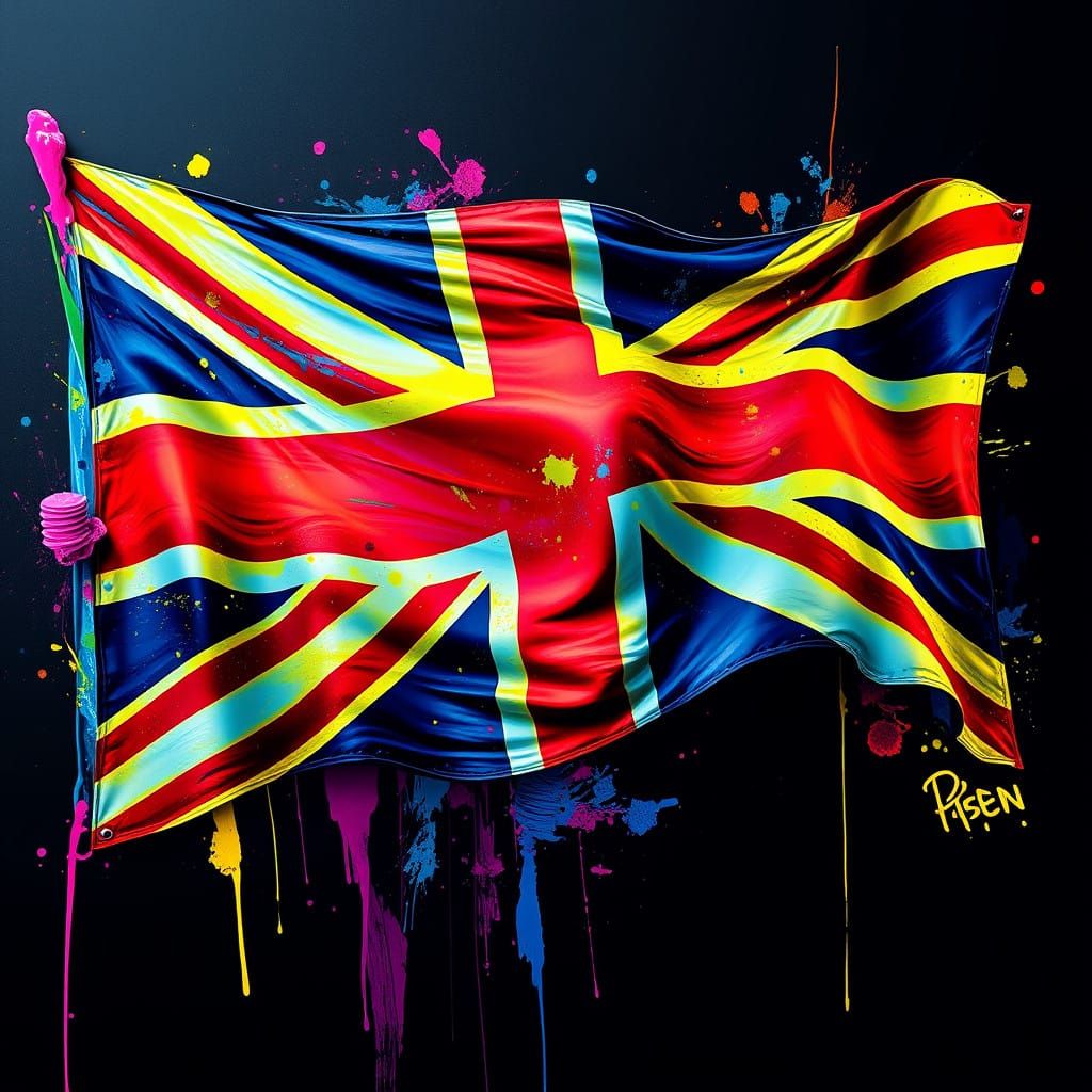 Neon Union Jack Flag in Splendid Graffiti Style