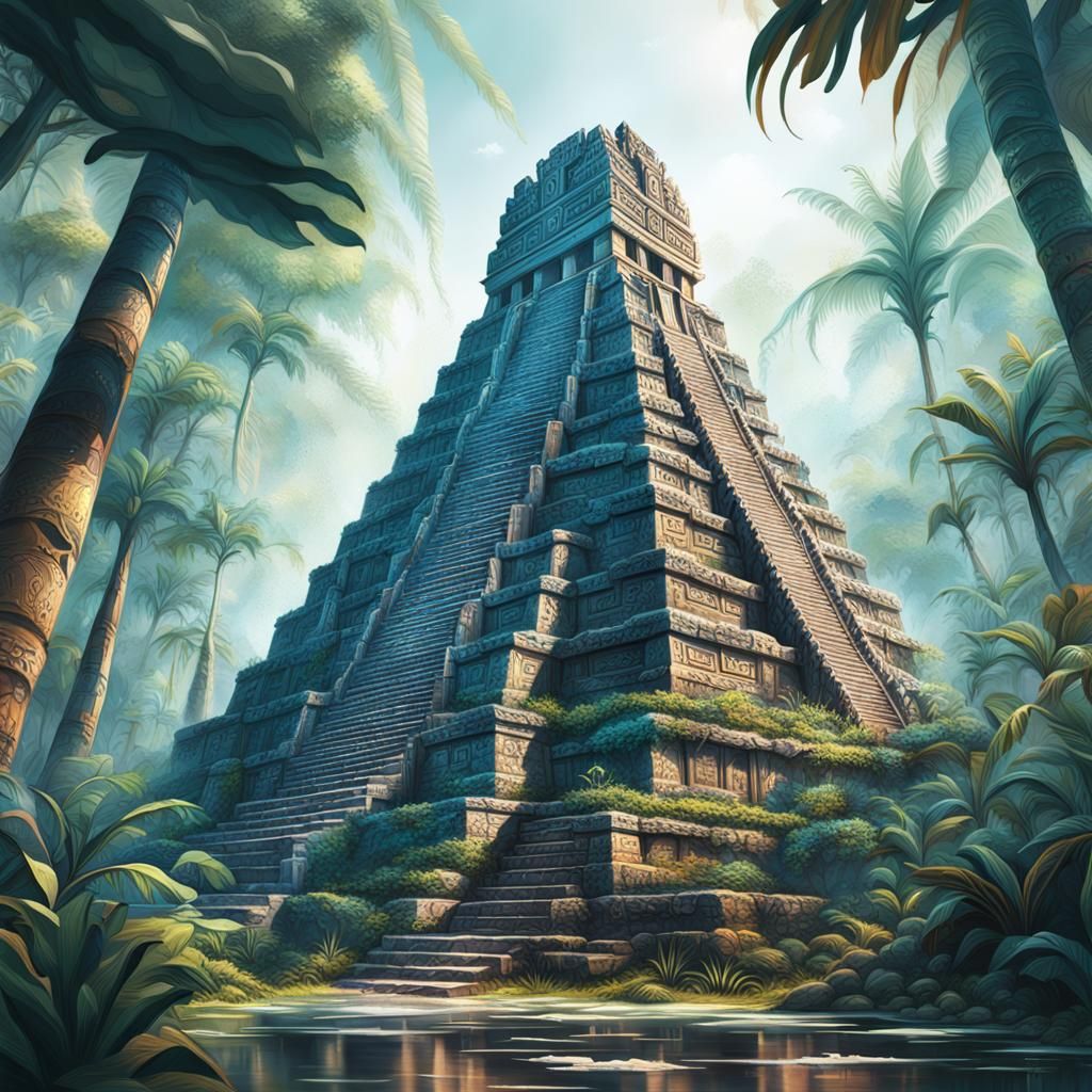 Detailed Mayan Temple in Jungle, Hyperrealistic Concept Art