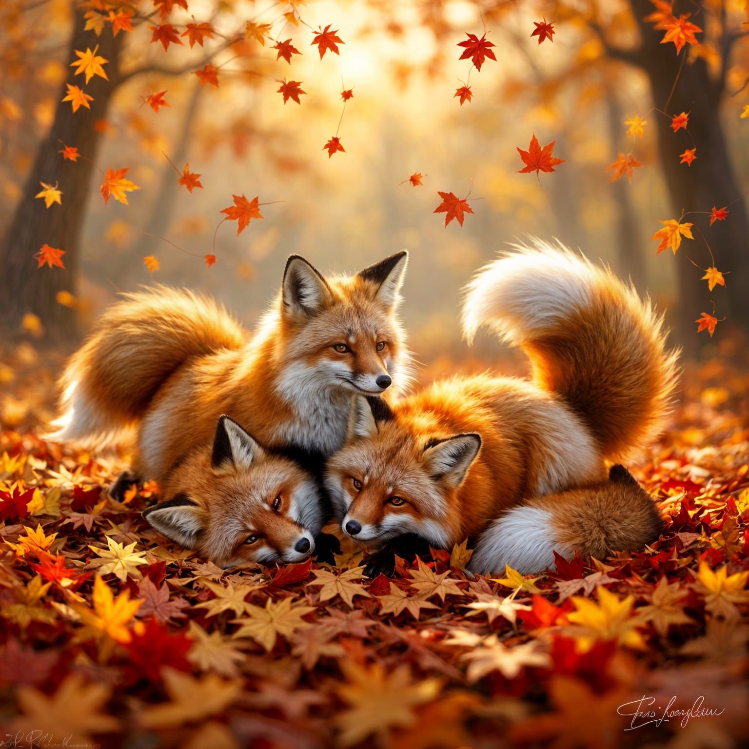 Foxes Play in Glowing Leaves with Light Trails