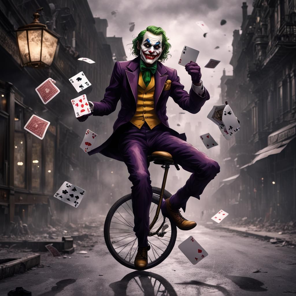 Joker on Unicycle in 19th Century Street