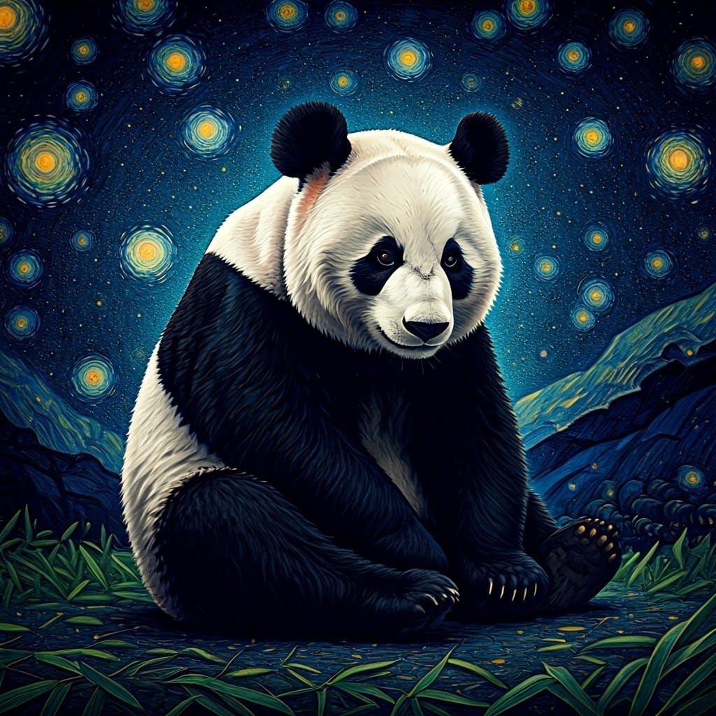 Pointillist Panda in Starry Night Sky