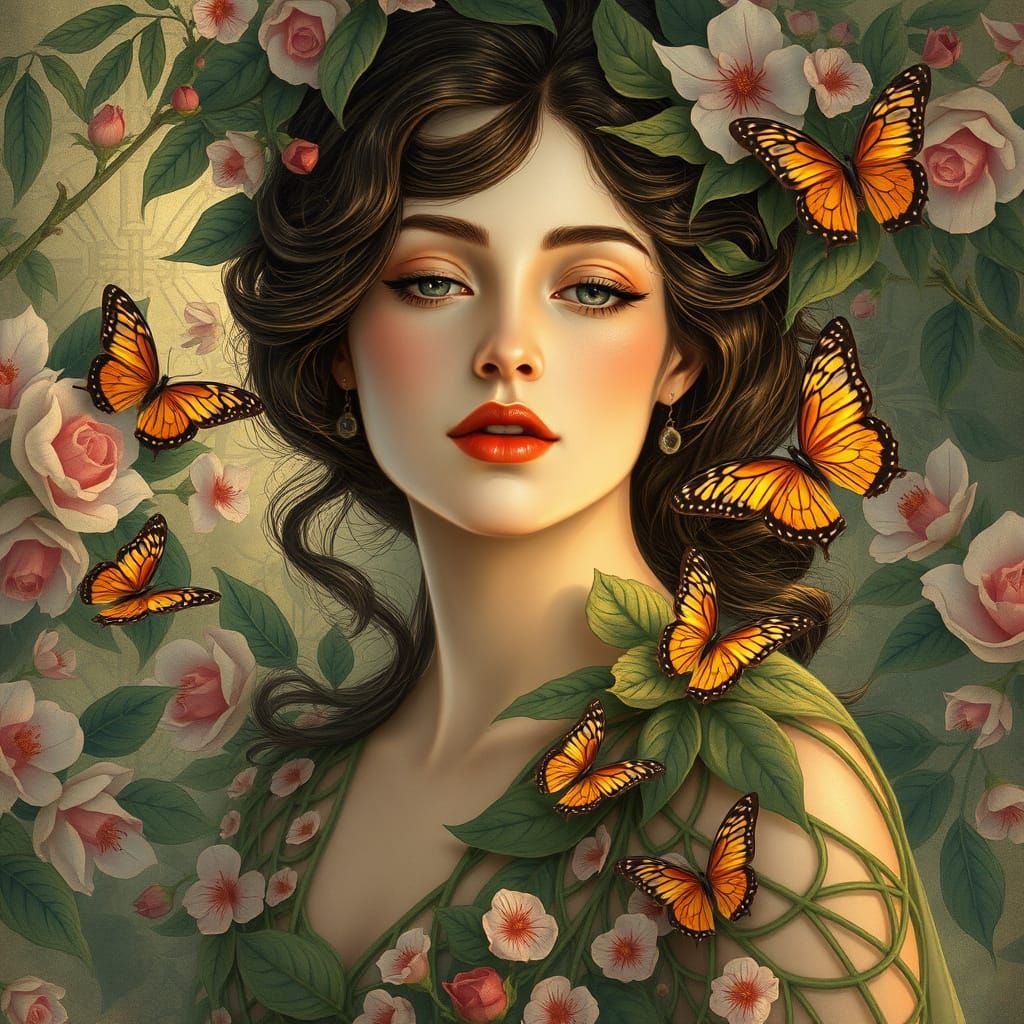 Ethereal Woman in Blossoms: Art Nouveau and Surrealism
