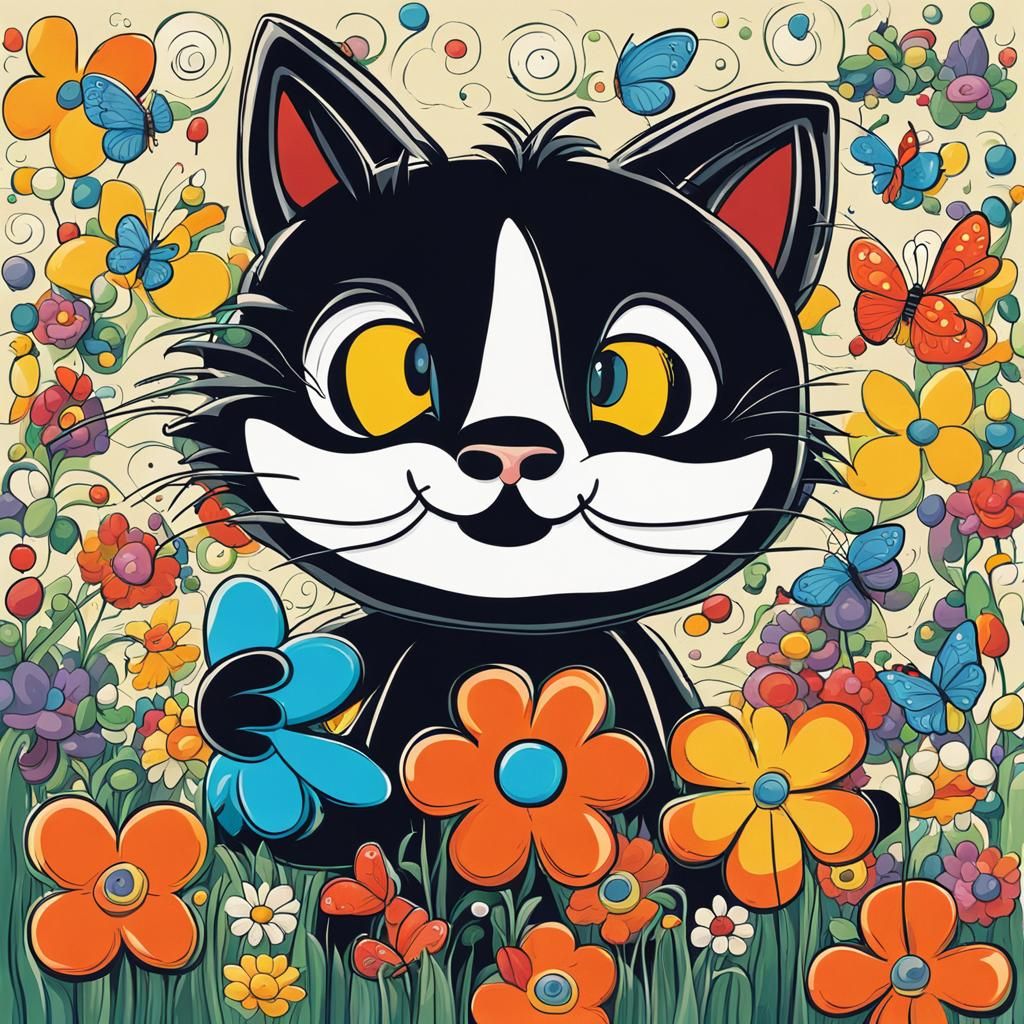 Felix the Cat with Spring Flowers in Abstract Style