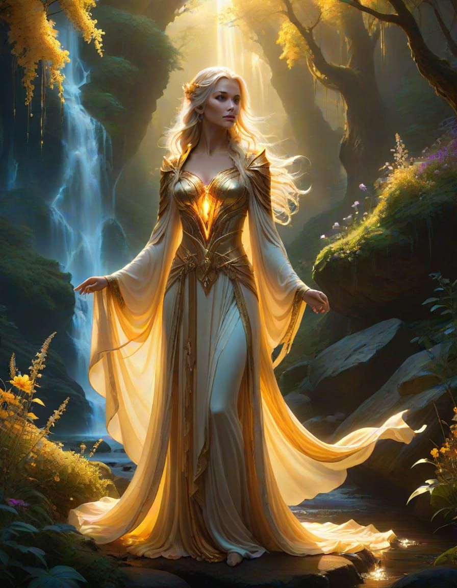 Graceful Light Warrior Mage in Lush, Colorful Nature