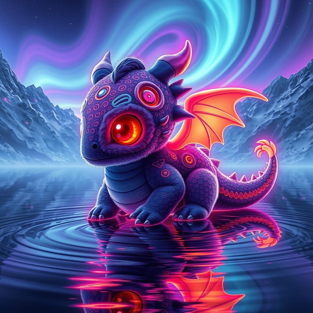 Glowing Baby Dragon in Neon-Lit Futuristic Landscape