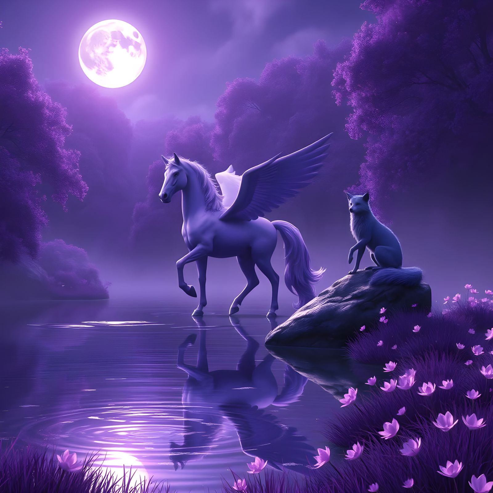 Purple Pegasus and Fox in Crystal Forest, Fantasy Art