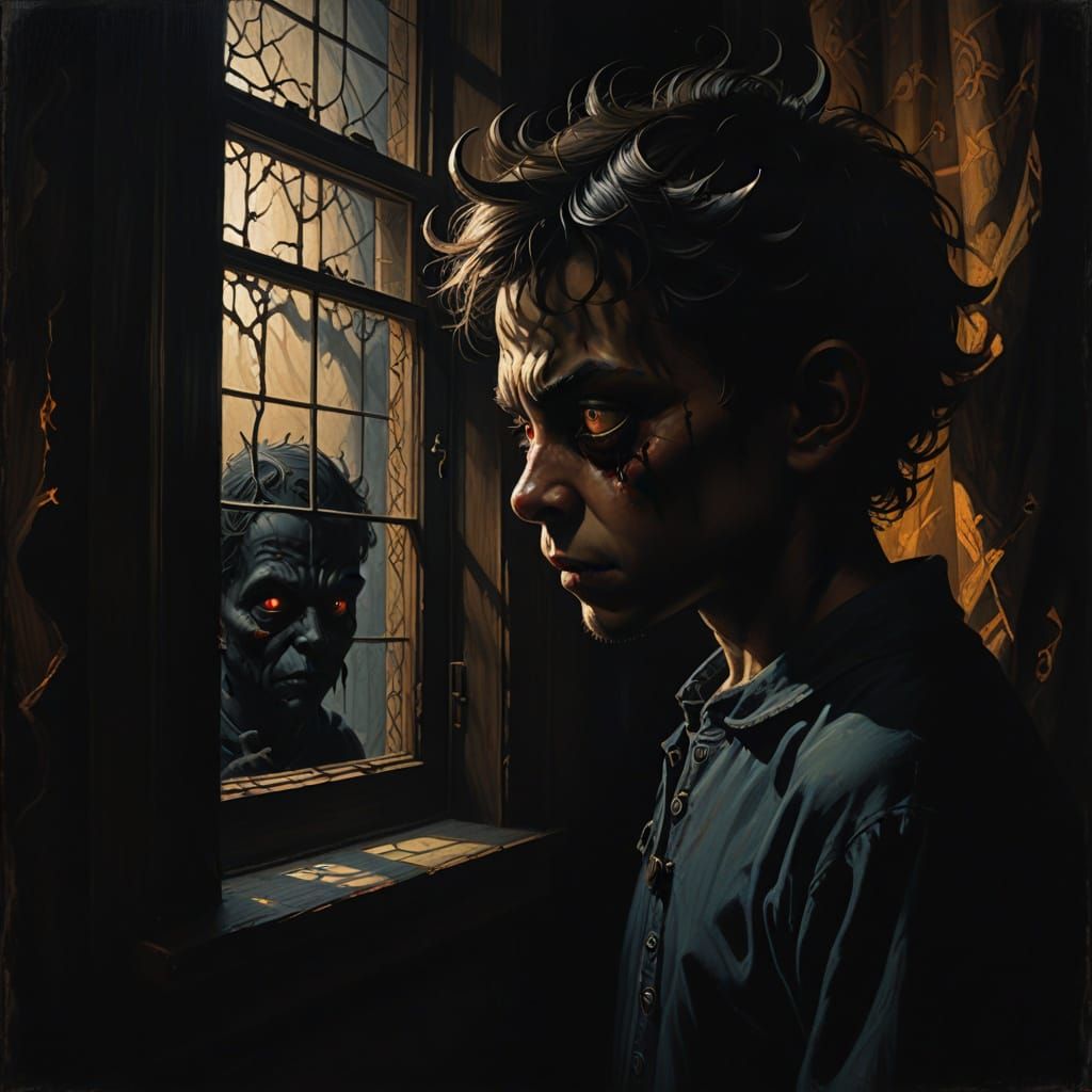 Ominous Demon Gazes Upon Child, Dark Fantasy Art
