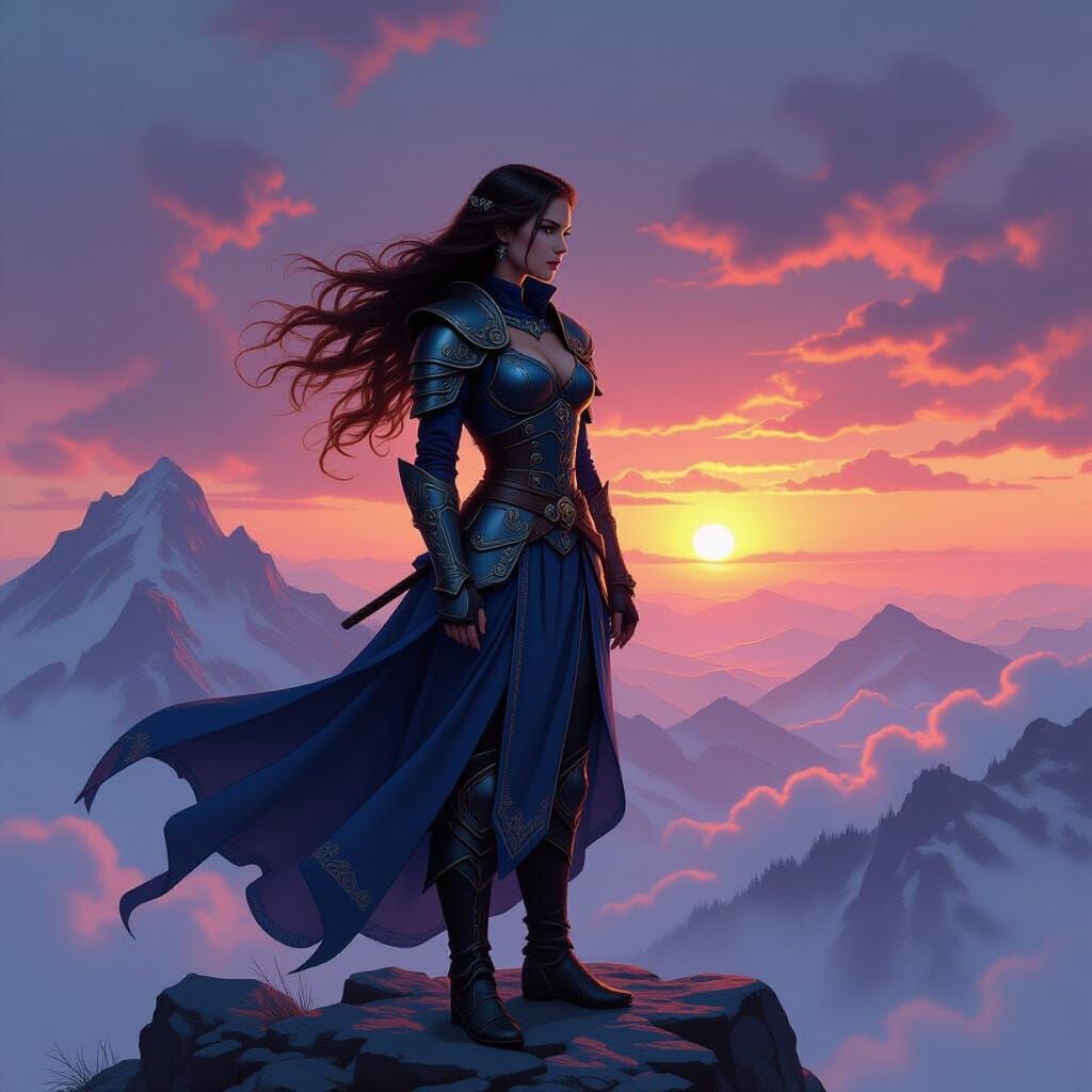 Warrior Princess on Misty Peak, Fantasy Art