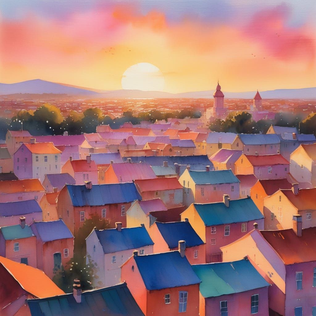 Whimsical Market in Gouache Painting with Sunset Colors