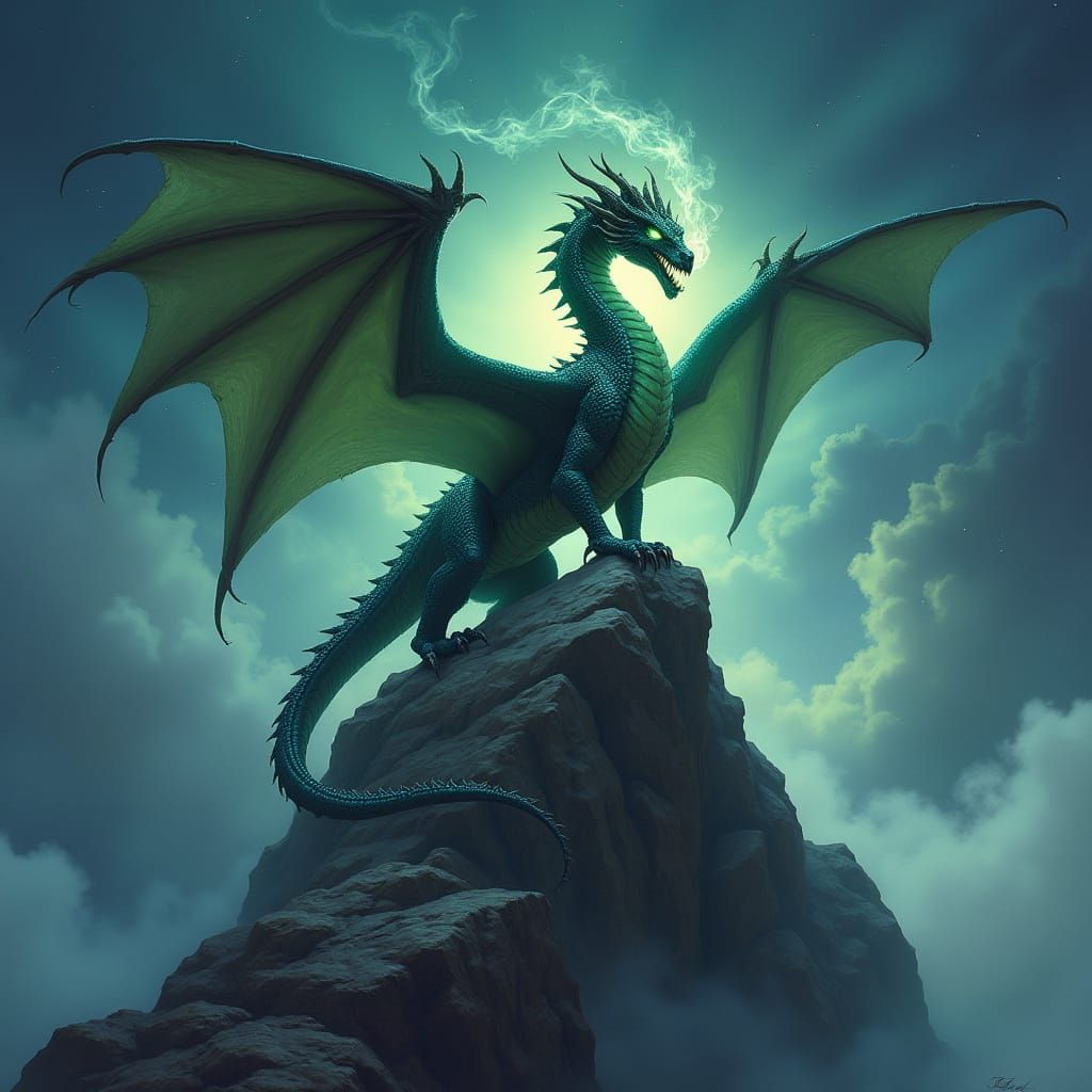 Majestic Dragon on Mountain Peak Fantasy Illustration
