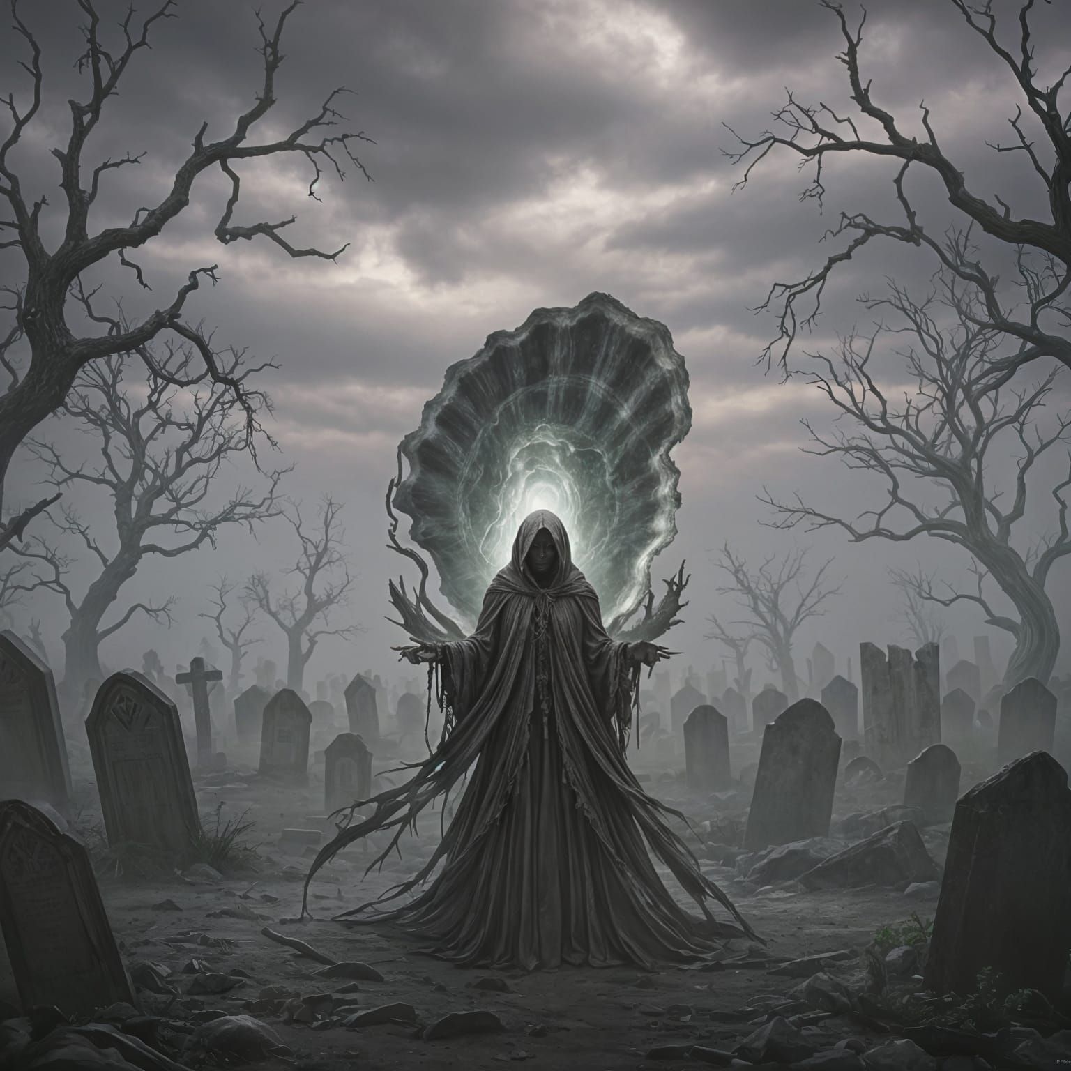 Gothic Garlic Meets Pulsating Oyster in Eerie Graveyard