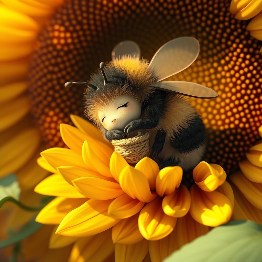 Sleepy Bumblebee on Sunflower in 3D Anime Art