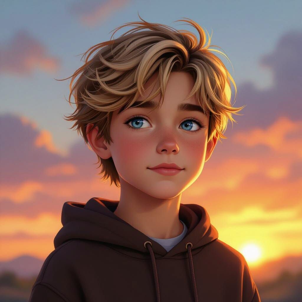 13-Year-Old Boy at Sunset in Digital Painting Style