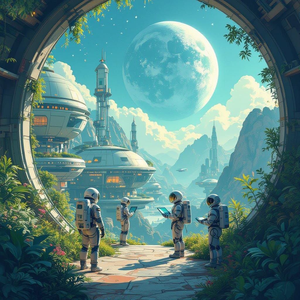 Sustainable Lunar Community in Vibrant Watercolor