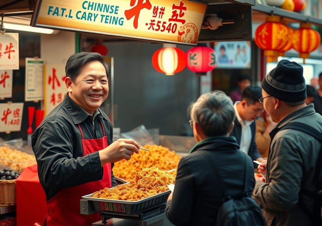 Chinese Street Food Vendor at Market Stall