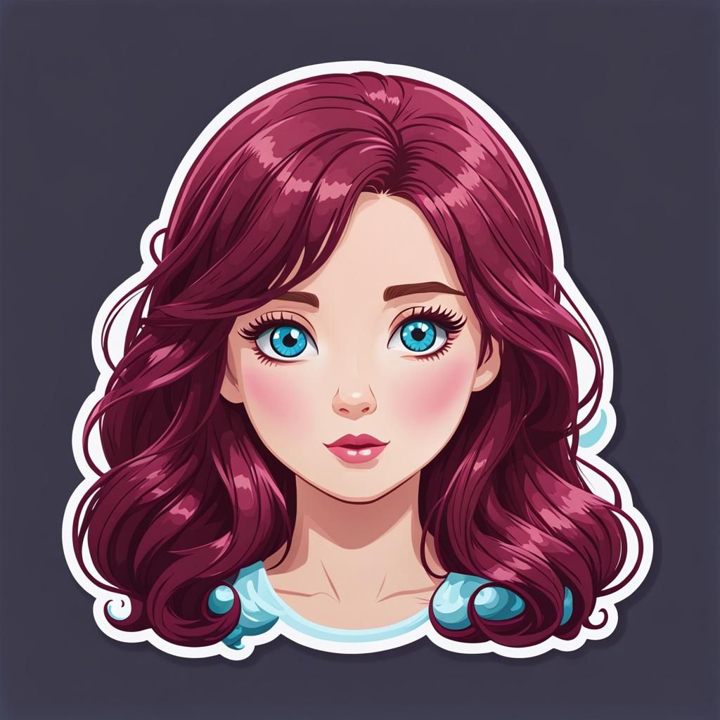Kawaii Sticker of a Cute Woman with Burgundy Hair
