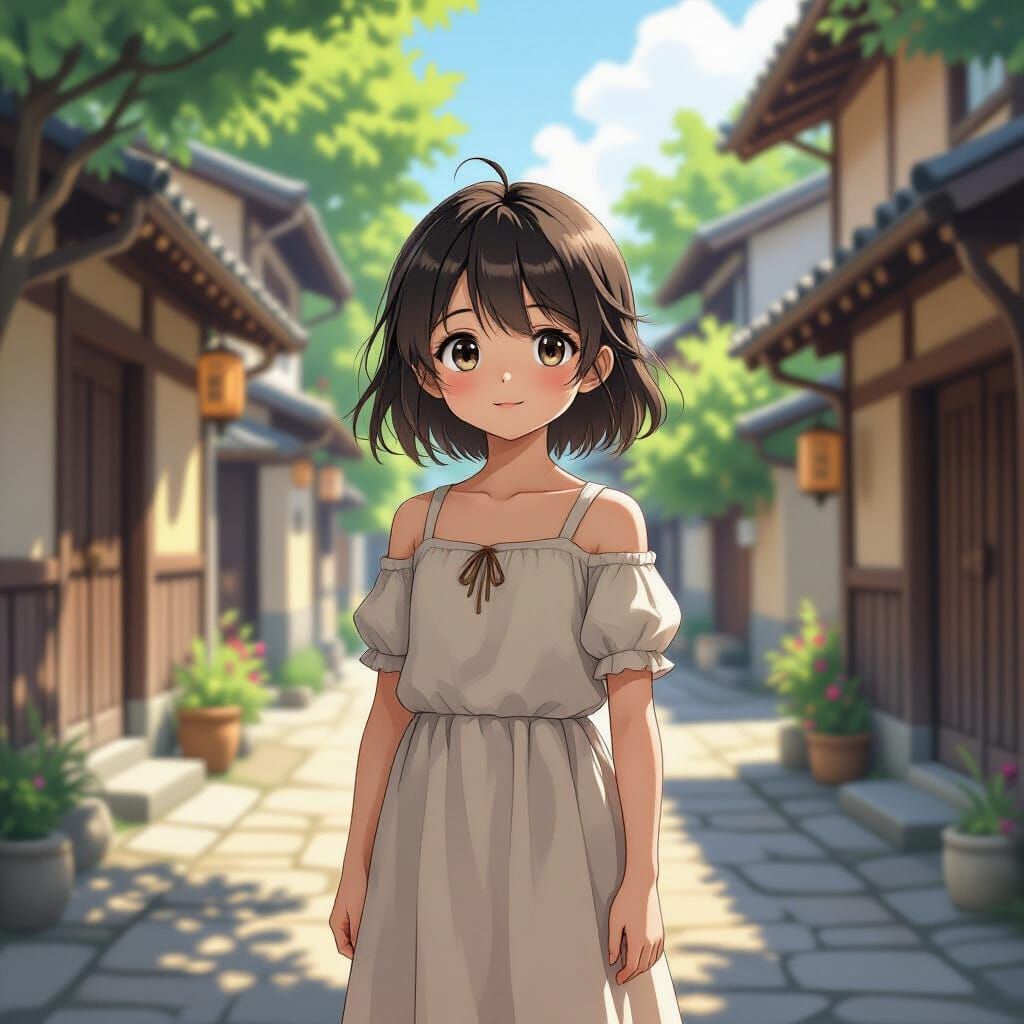 Anime Child Villager in Stylized Village Street