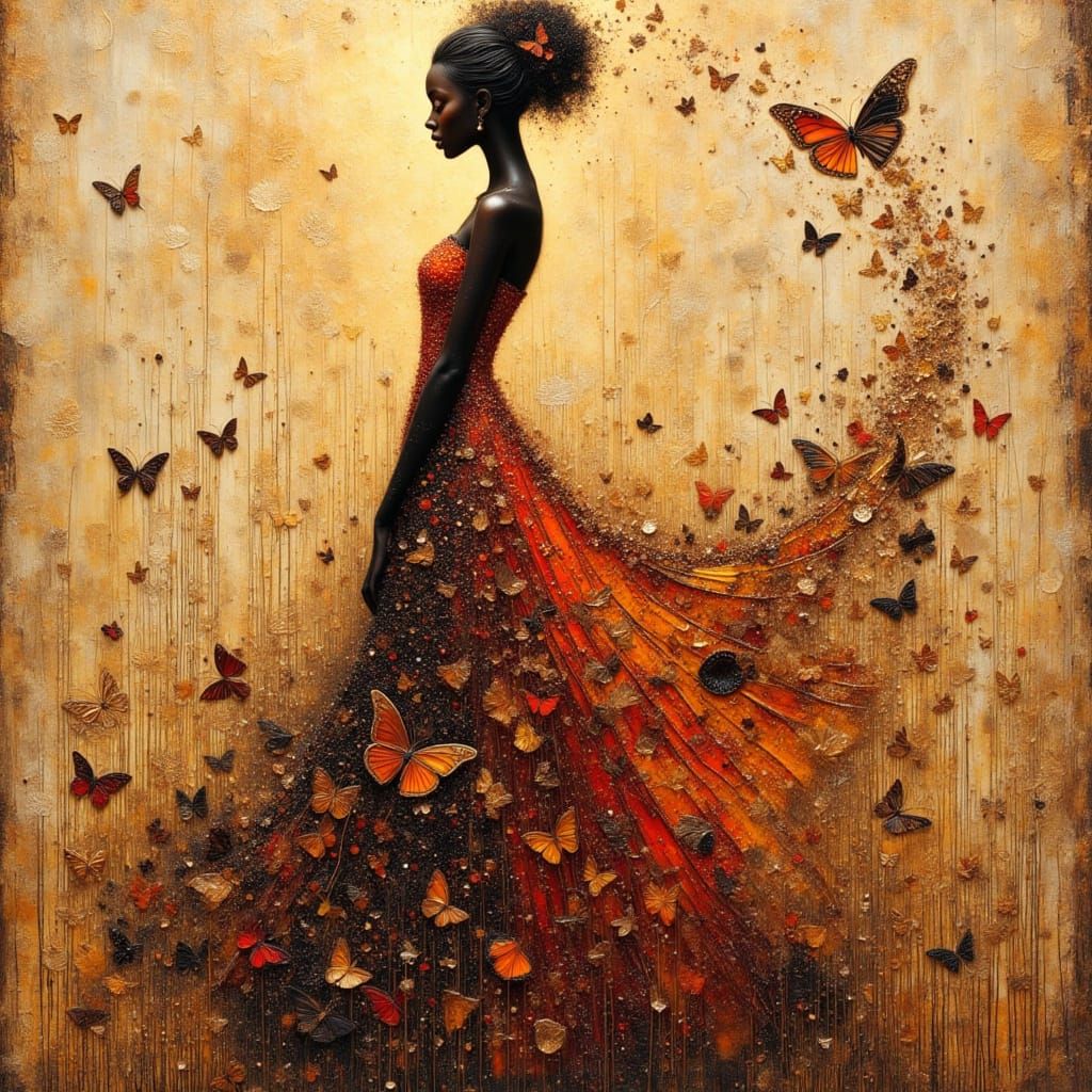 African Princess Silhouette with Butterflies in Impasto Styl...