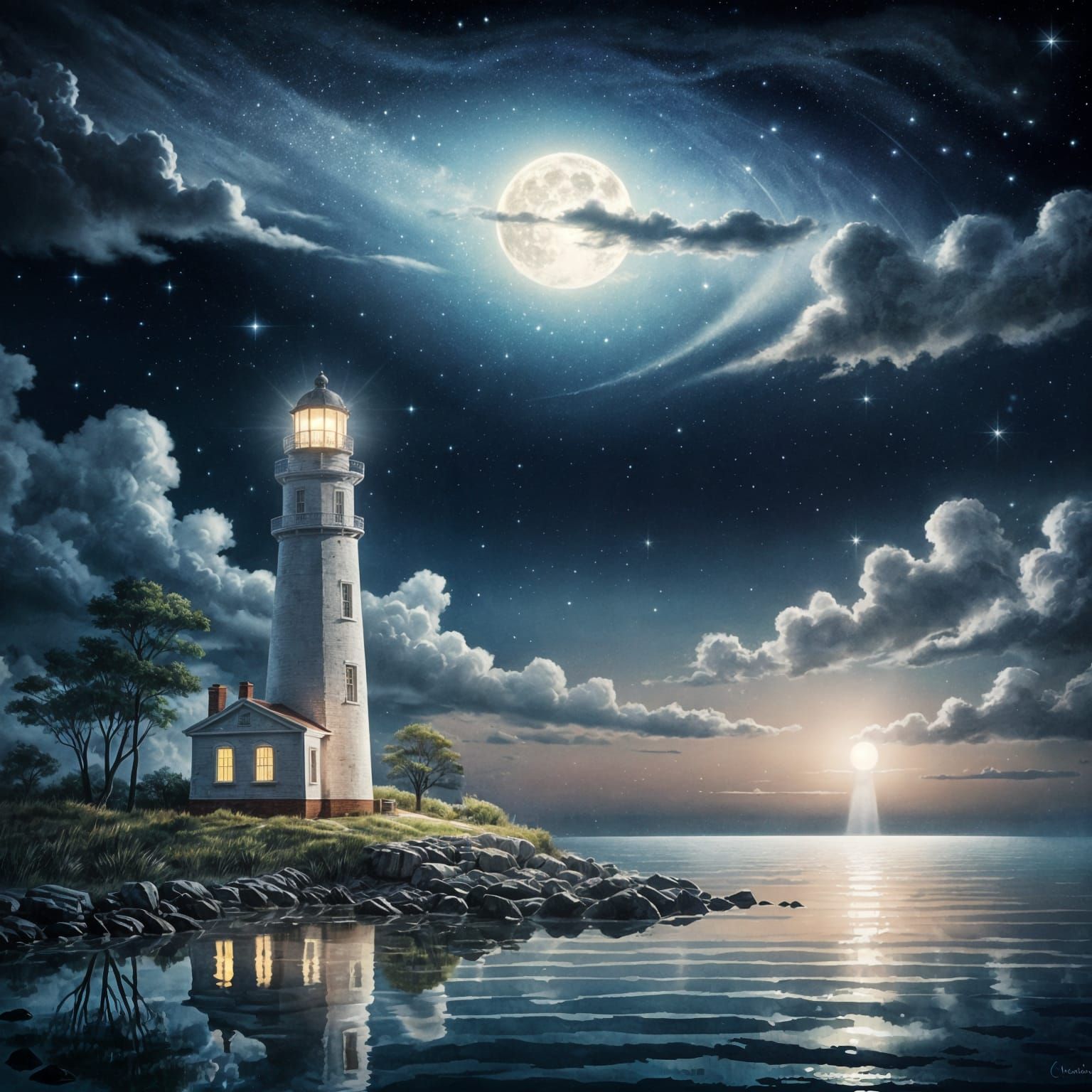 Vintage Lighthouse Gleaming Under Cosmic Moonlight