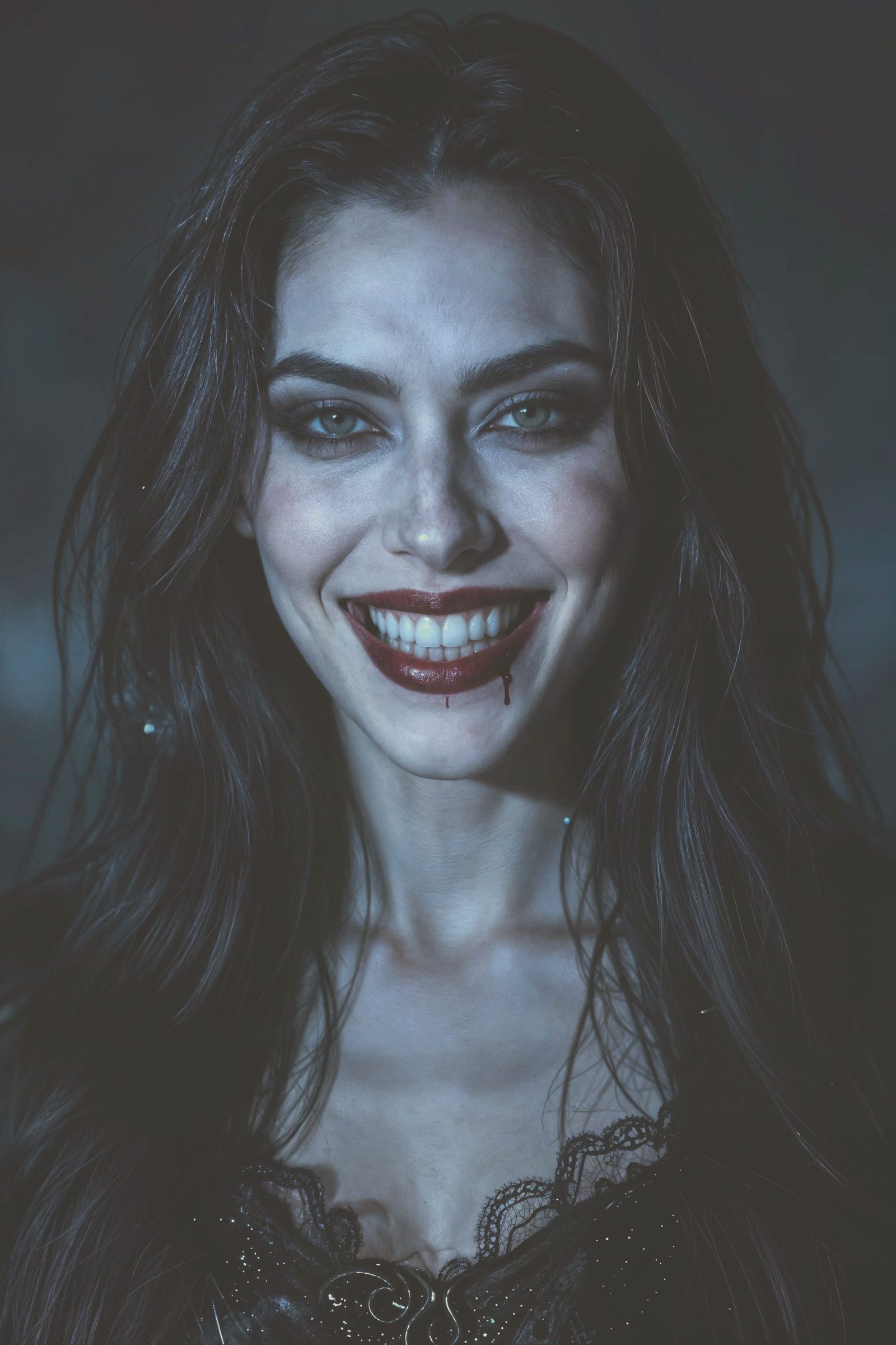 Vampire Woman Smiling with Bloody Teeth in Dark Mood