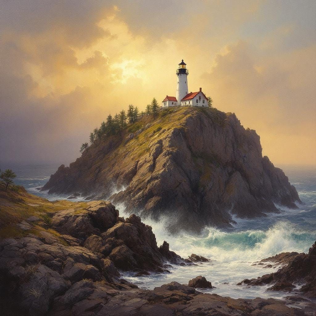 Seascape: Lighthouse on Mountain in Oil Paint Style