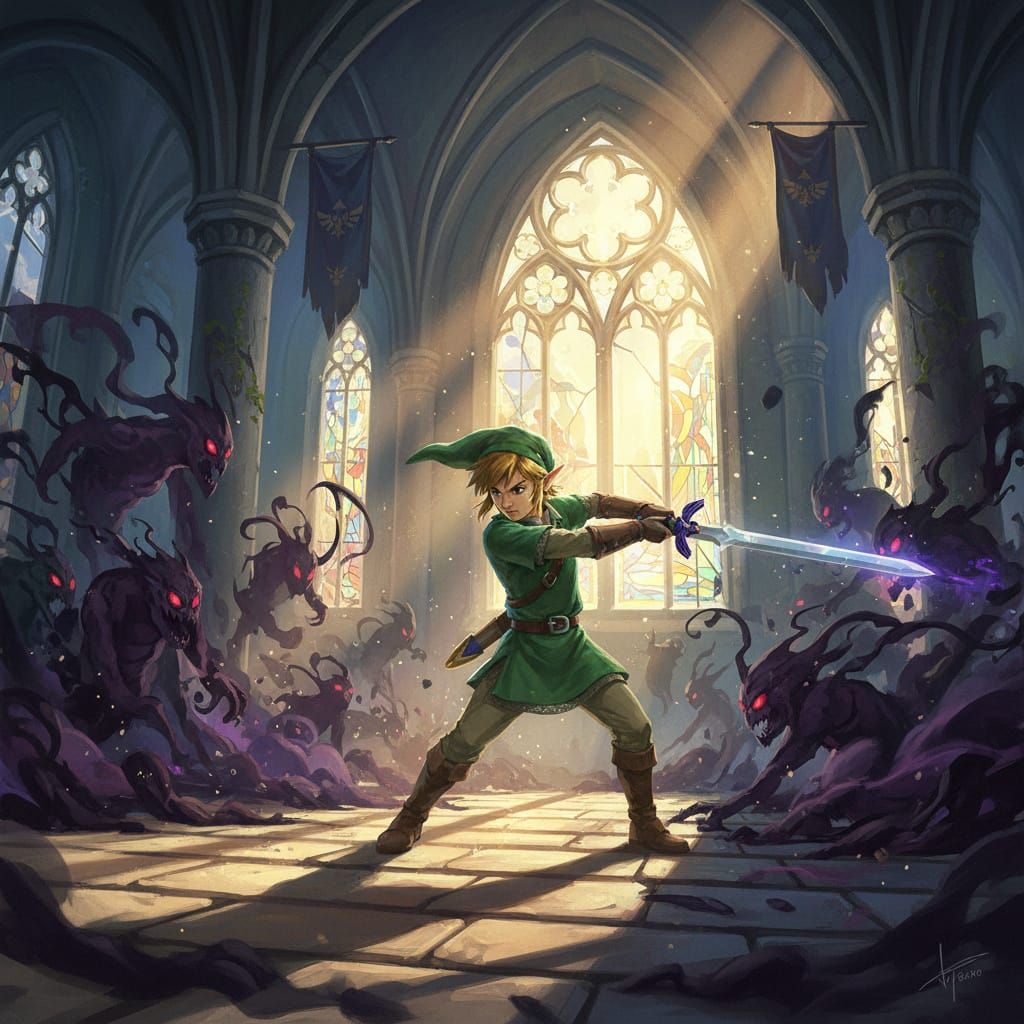 Heroic Link Battles Shadow Foes in Hyrule Castle