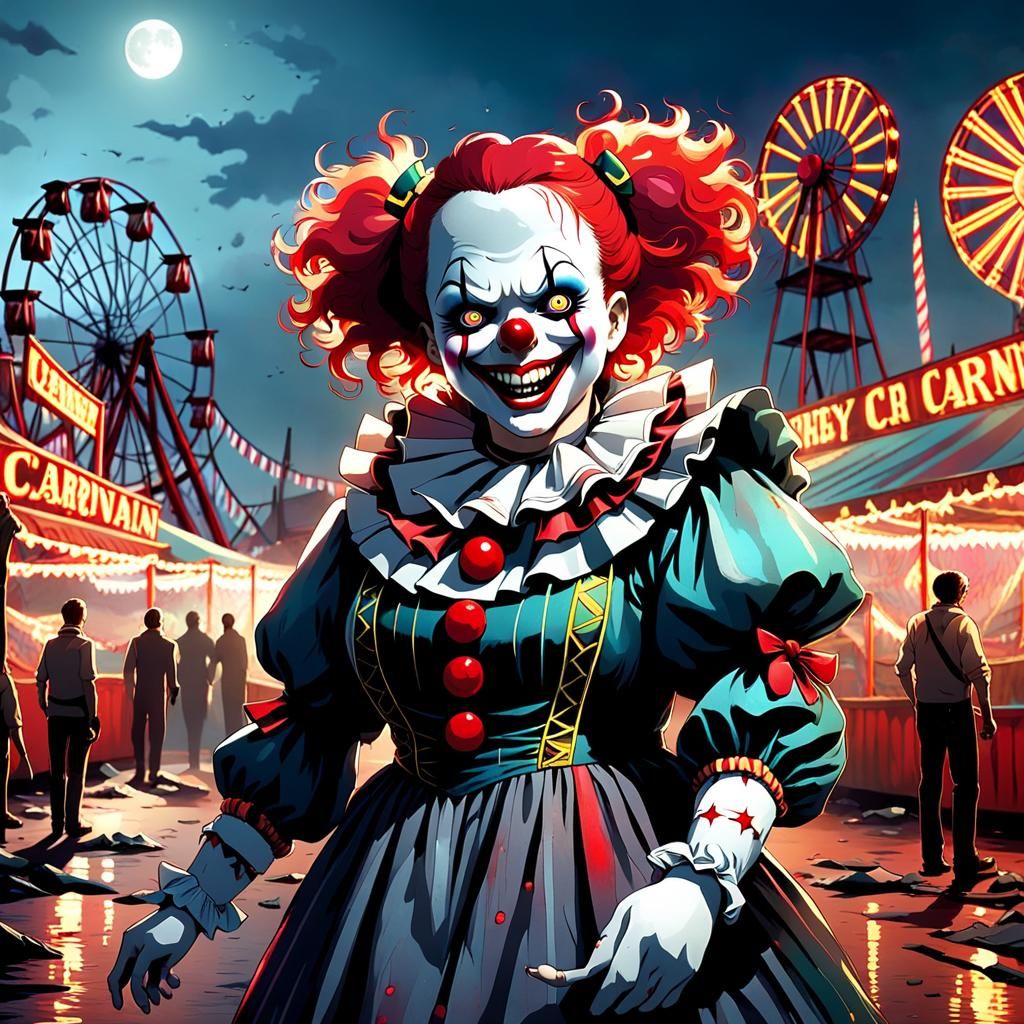 Eerie Red-Haired Clown in Abandoned Carnival: Anime Style