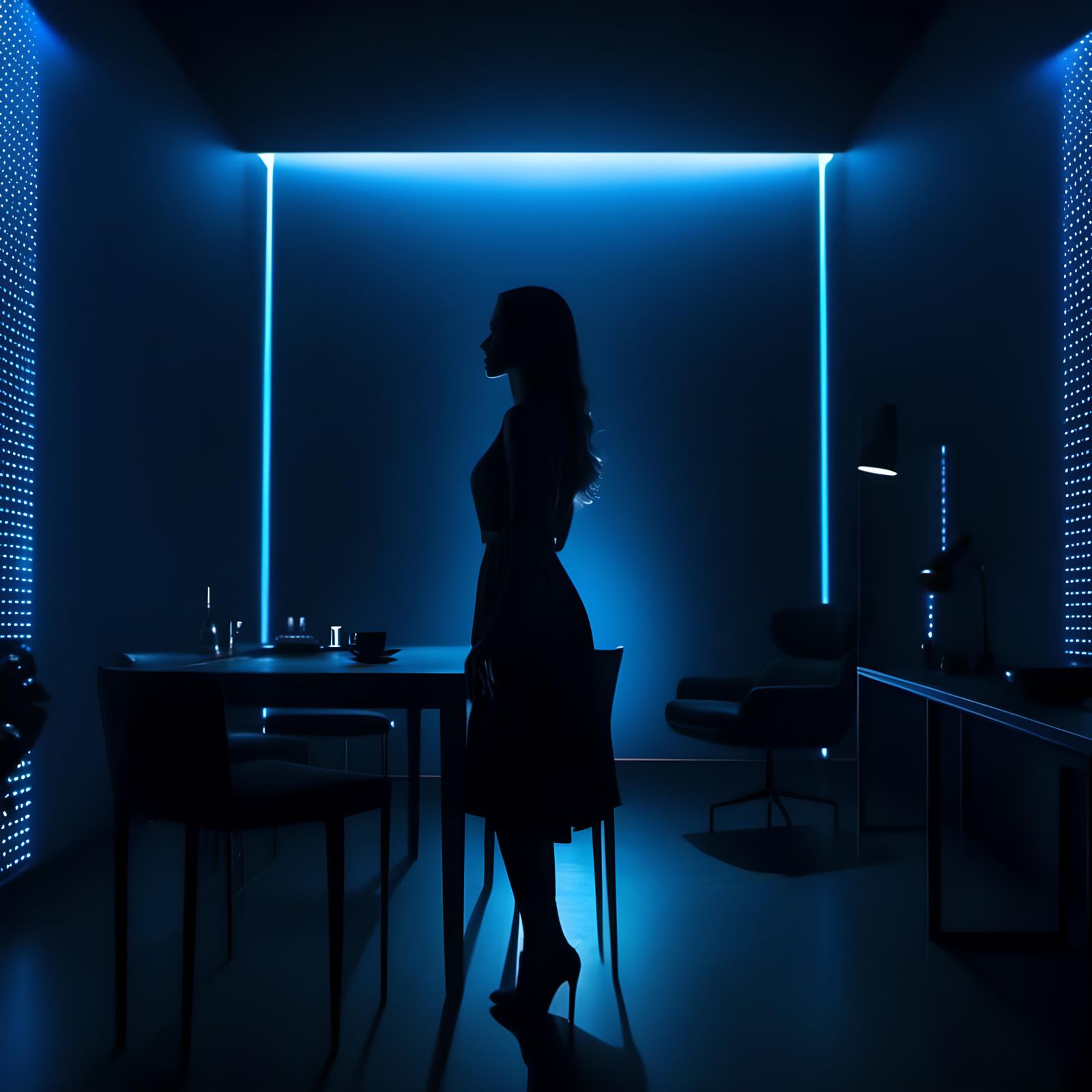 Silhouette of a Woman in Dark Blue Room