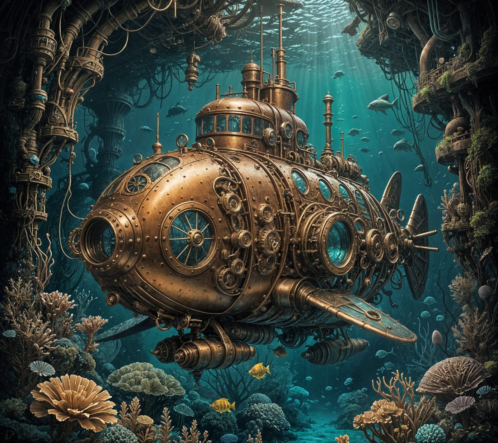 Steampunk Submarine Exploring Bioluminescent Depths