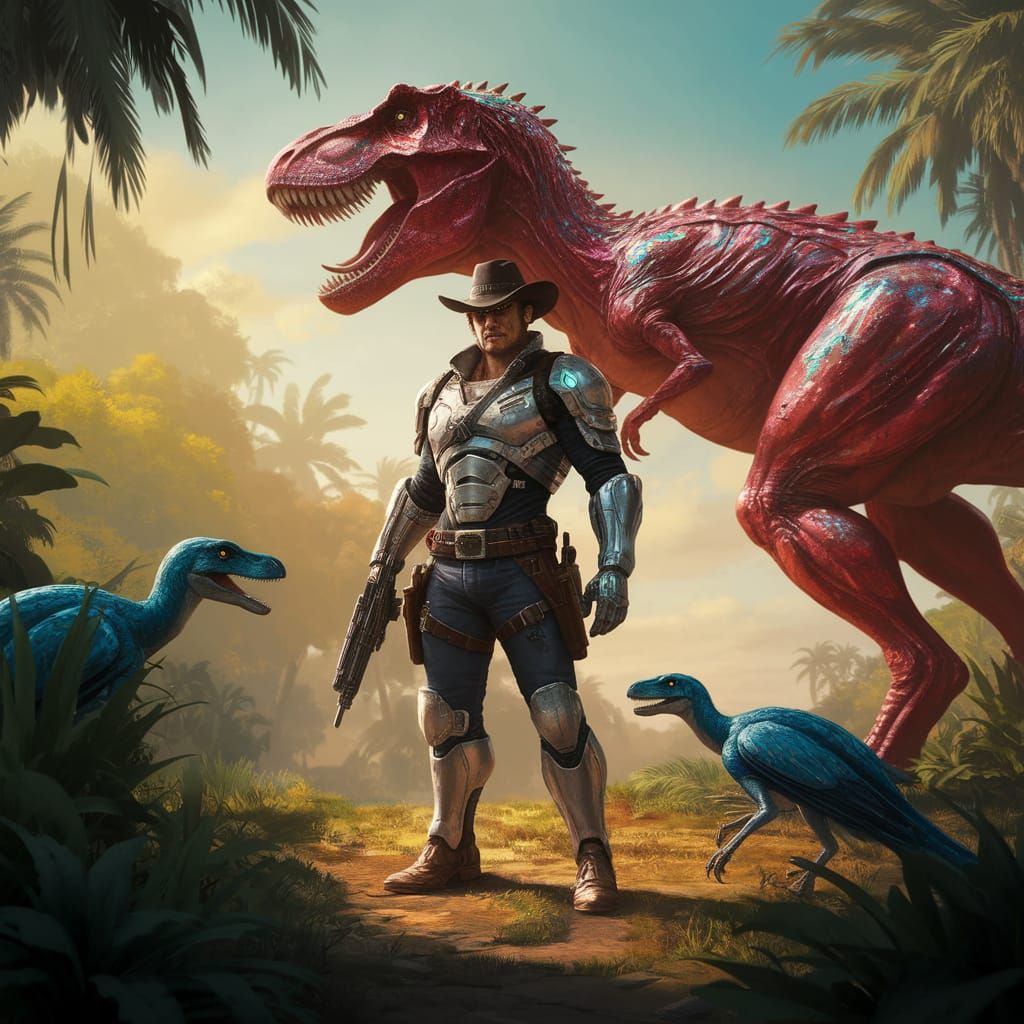 Cyberpunk Cowboy Faces Down Red Tyrannosaurus Rex in Tropica...