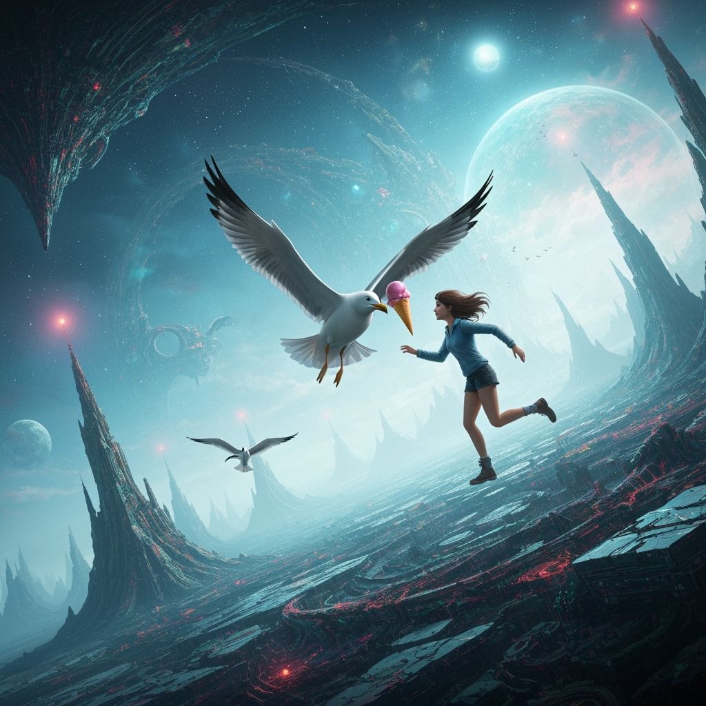 Cosmic Seagull Steals Ice Cream in Surreal Landscape