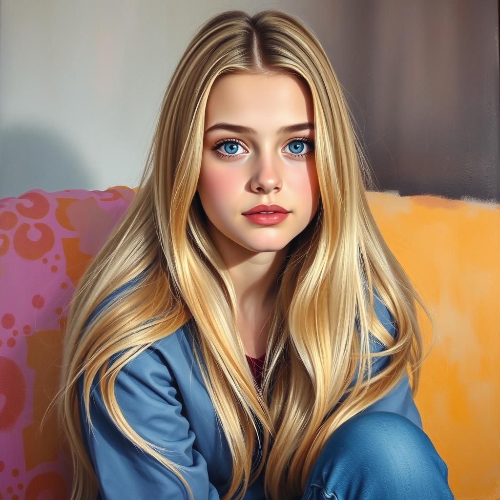 Pretty Young Woman with Long Blonde Hair in a Vibrant Oil Pa...