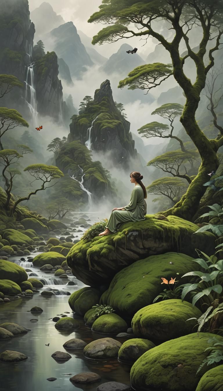 Contemplative Figure in Mountain Valley Scene