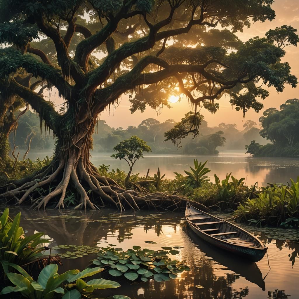 Lush Amazon Jungle Sunset with Anaconda, Digital Art