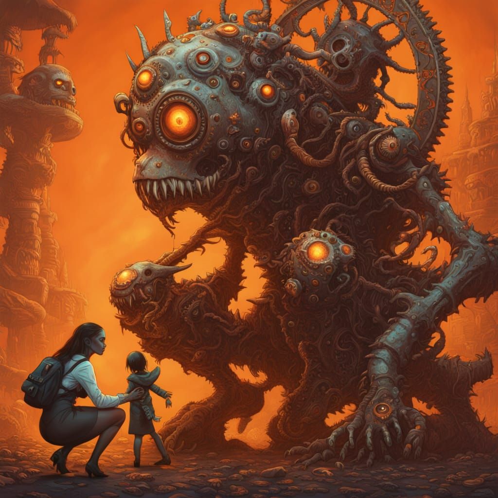 Steampunk Horror Monster Confronts Woman: Hyperrealistic Art