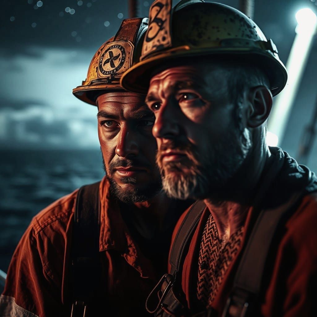 Industrial Portrait of Oil Rig Workers Under Starry Night