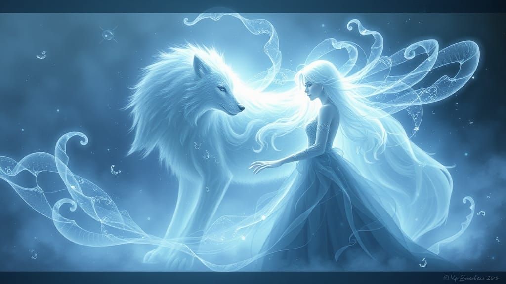 Ethereal Ghost Wolf and Maiden in Dreamlike Scene