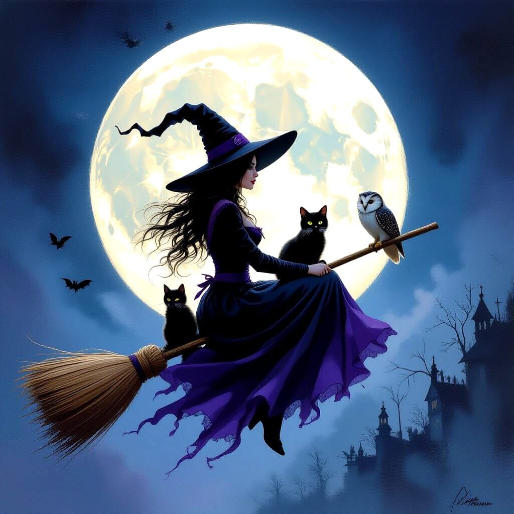 Detailed Watercolor Witch Flying Past Full Moon