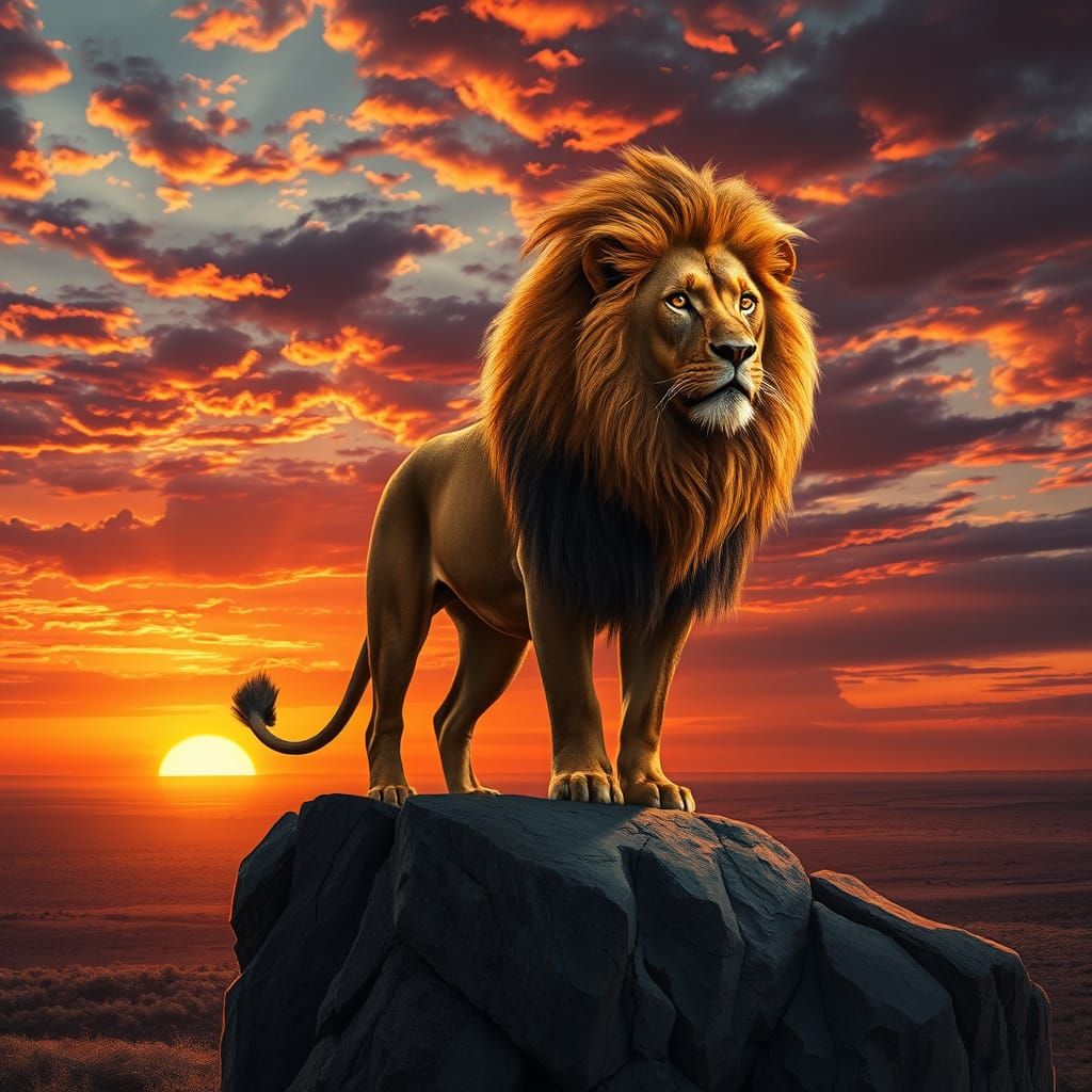Majestic Lion of the Blazing Sunset