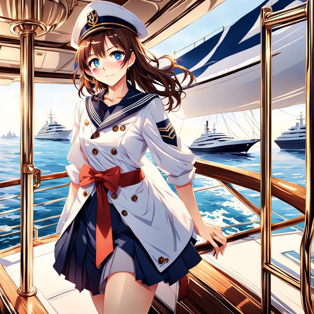 an anime girl, looking at you, long flowing brown hair, blue eyes, flattered, blushing cheeks, sailor uniform, sailing a...