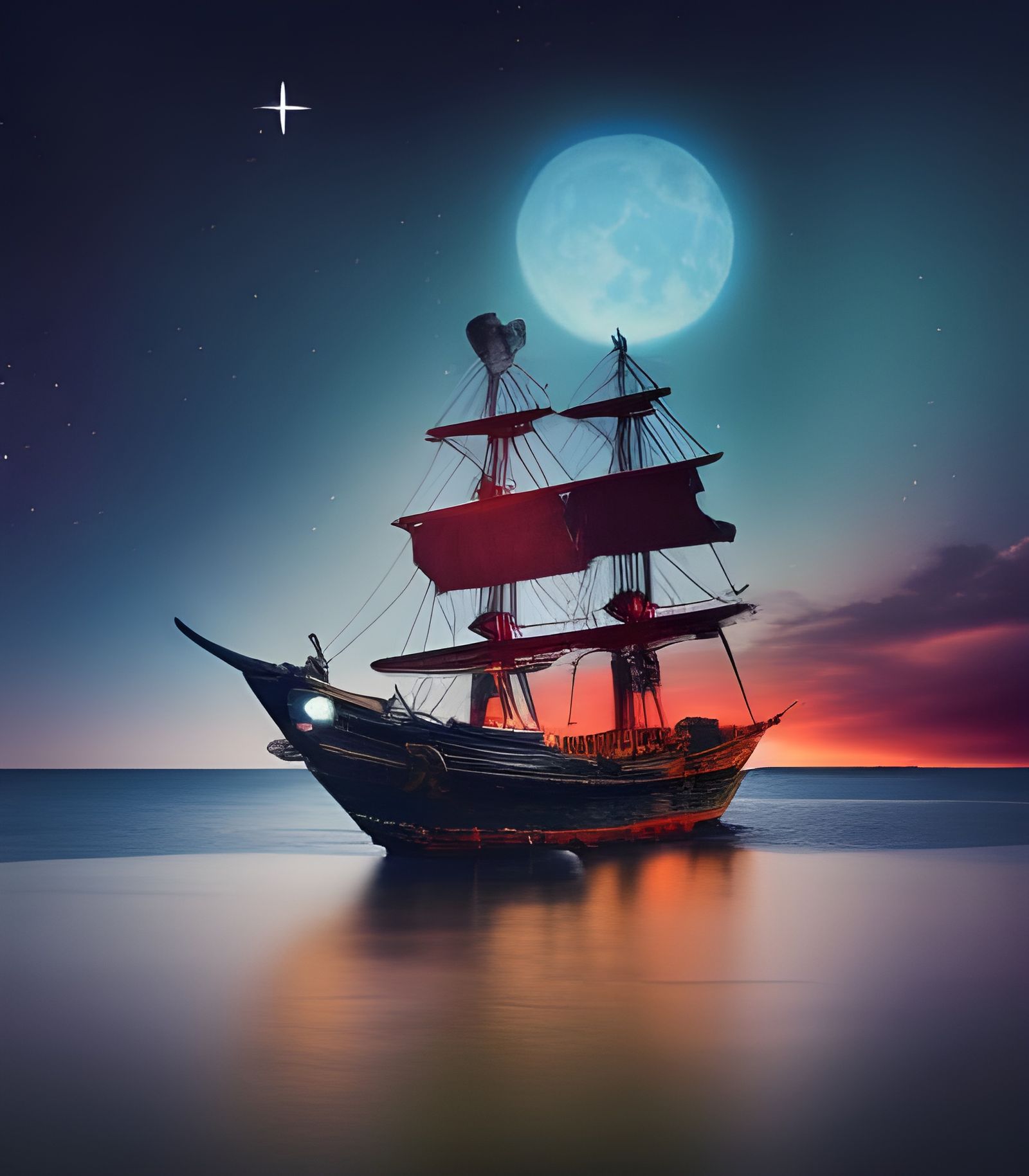 Pirate Ship on Mystical Sea at Night